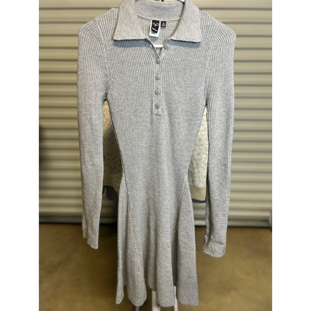 Windsor Dress Womens M Gray Ribbed Knit Polo Long Sleeve Fit Flare Mini